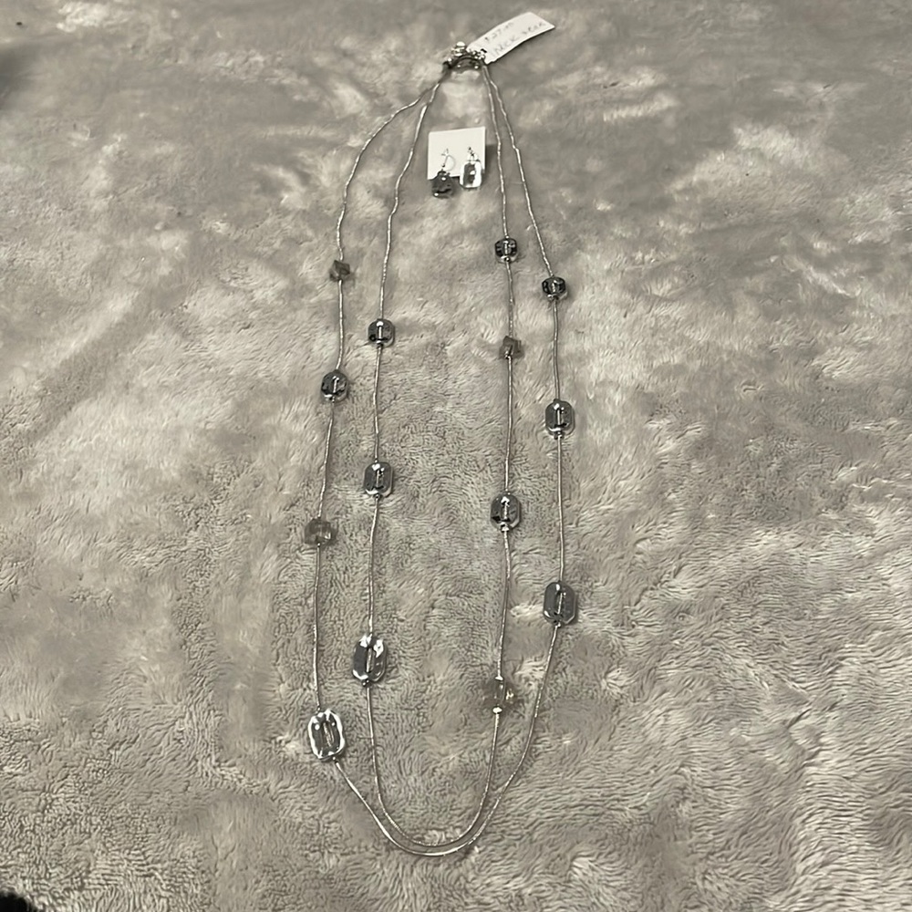 NEW Long Silver Double Strand Necklace & Earring Set
